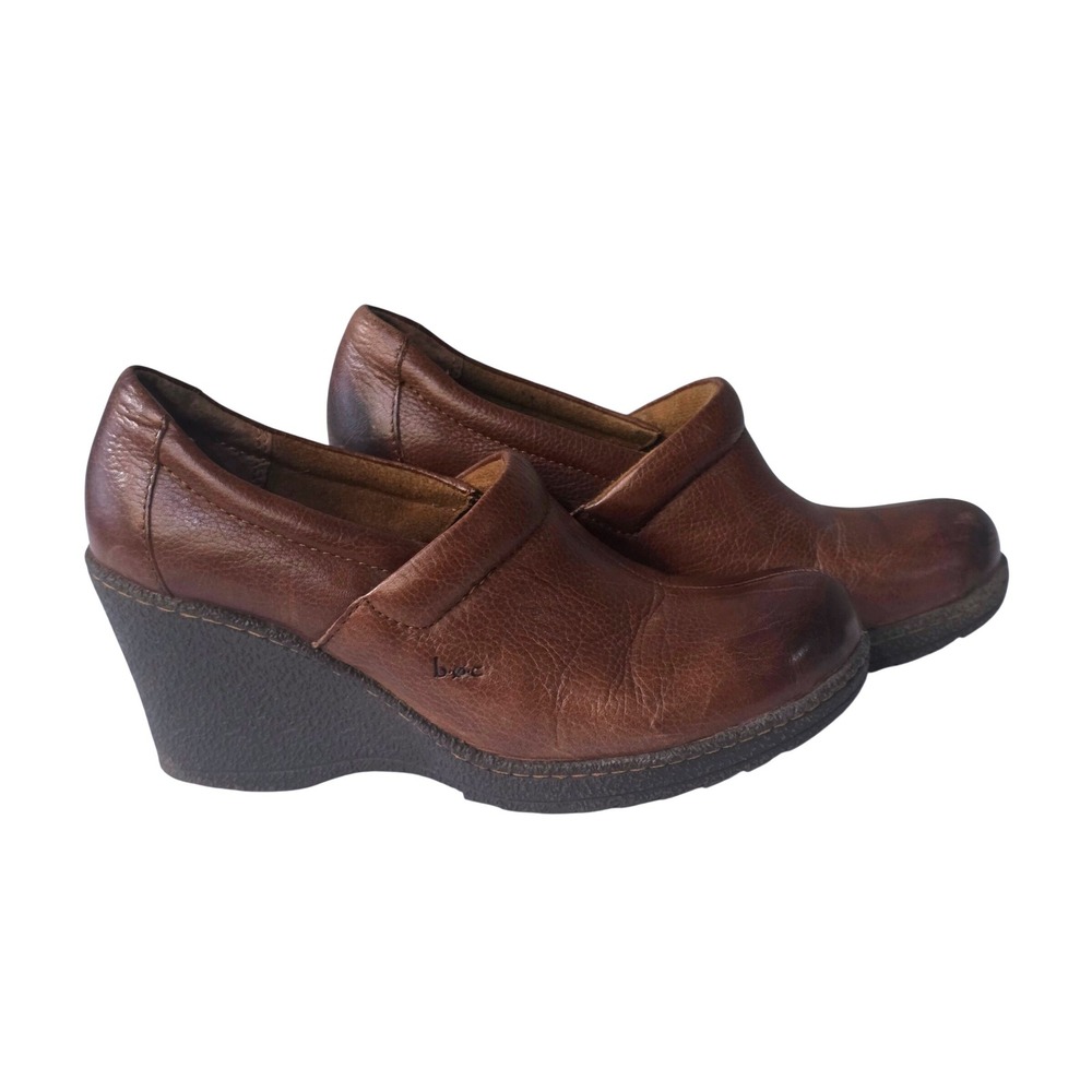 B.O.C. Born Concept Brown Leather Wedge Clogs Slip On Shoes Women Size 9